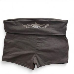 Fold-Over Waistband Bike Shorts with Rhinestone Star - Black